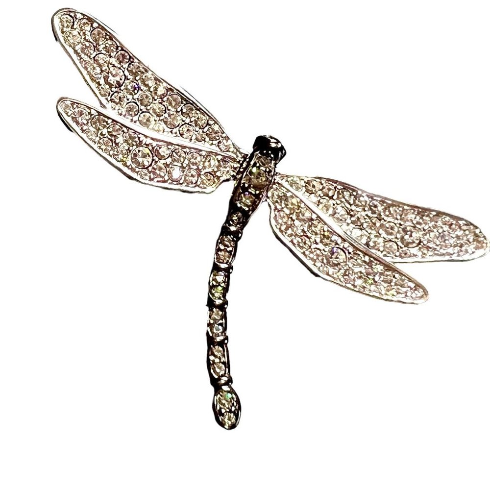 Pin Women’s Small Dragonfly Black Body Silver Crystals Eyes Wings Down Tail L 2"